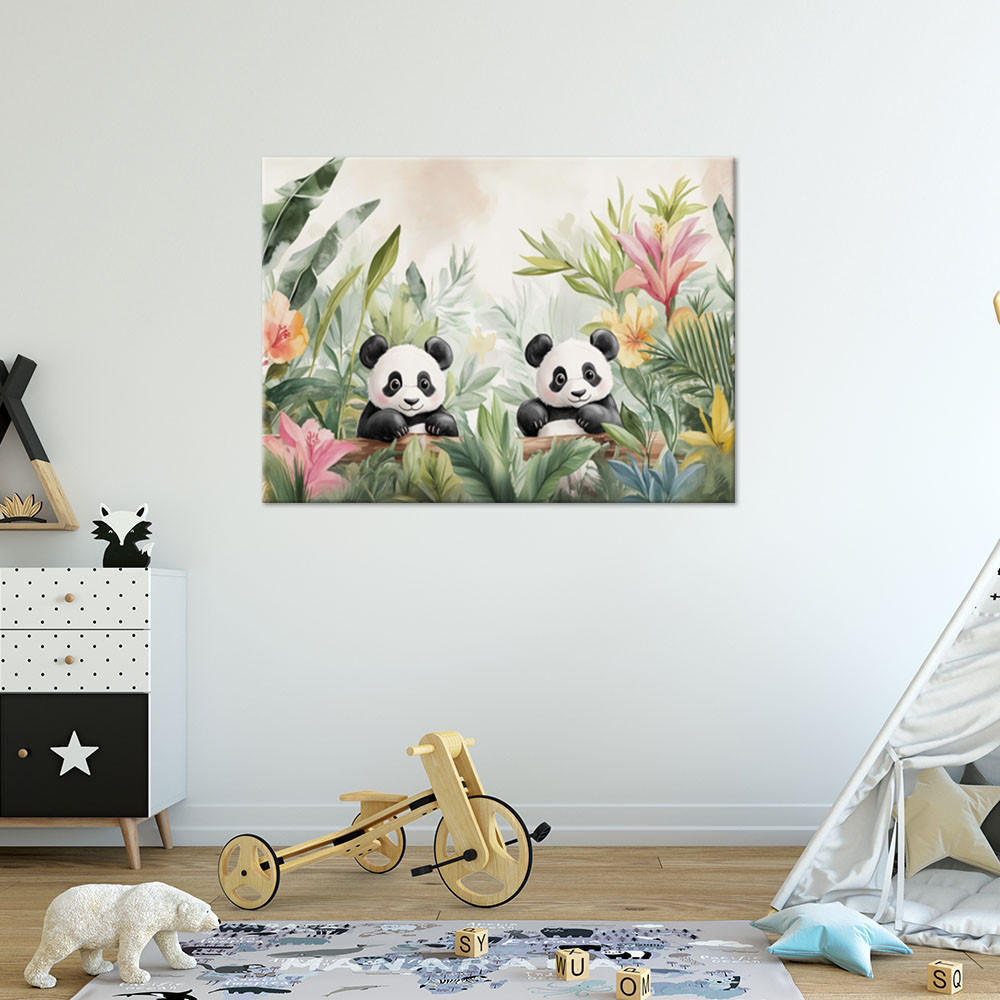 WANDBILD für kinderzimmer pandas in blumen und pflanzen - Grün, Textil (60/40cm) - Feeby