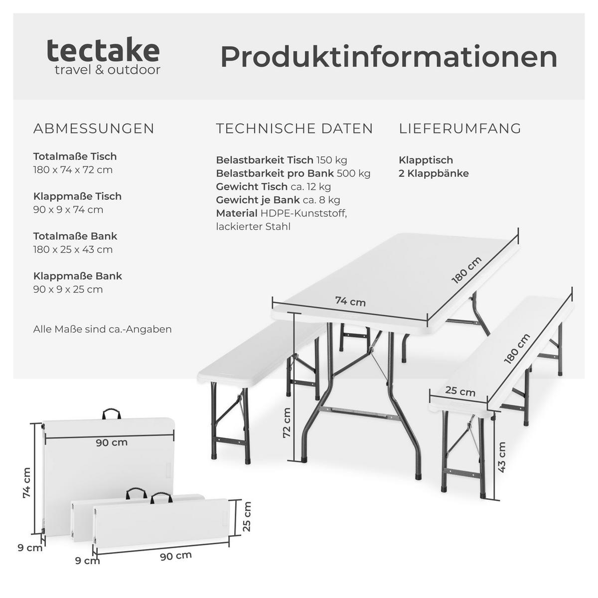 CAMPINGTISCHGARNITUR Panja,mit Tragegriffen,weiß - Weiß, Kunststoff (180/74/72cm) - tectake