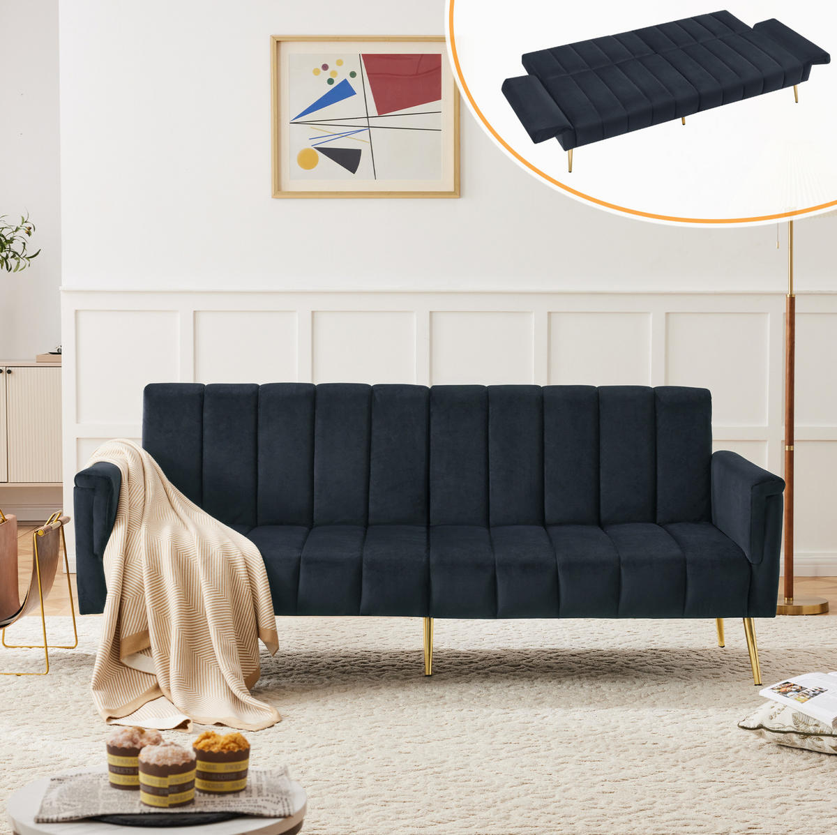 SCHLAFSOFA, Samt mit verstellbarer Rückenlehne & Armlehnen, 183/76/75 cm, Schwarz - Schwarz, Textil (76/75/183cm) - Redom