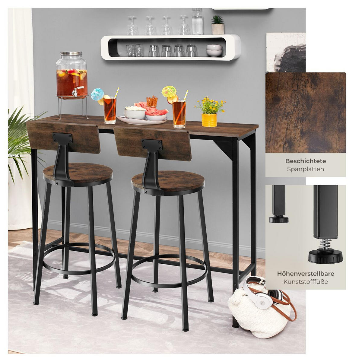 BARHOCKER 2er Set Poole,Sitzhöhe 74 cm,Industrial Holz dunkel - Rostfarben, Holzwerkstoff/Textil (46.5/104/46.5cm) - tectake