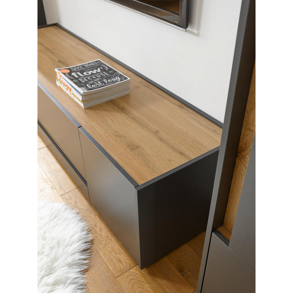 Thumbnail - Furn.Design Wohnwand, Grau, Eiche Wotan, Holzwerkstoff, Nachbildung,Eiche, Uni, Holz Optik, 300x180x30 cm, Wohnzimmer, W...