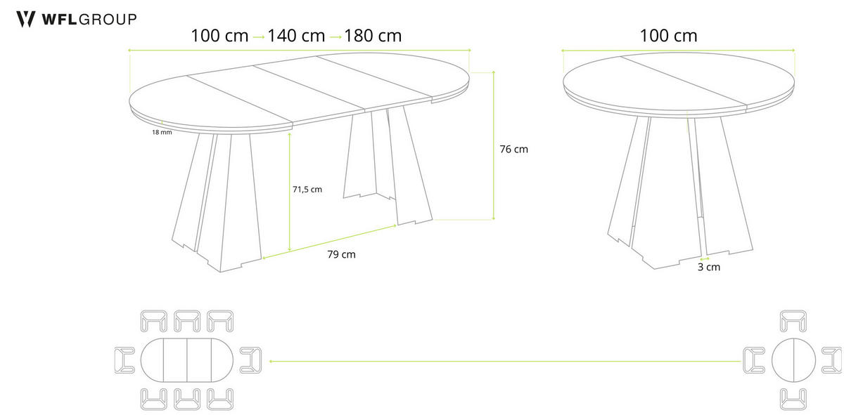 ESSTISCH Kova runder ausziehbarer, Lancelot Eiche 100-180/100/76 cm - Eichefarben/Schwarz, Holzwerkstoff/Metall (100/100/76cm) - WFL GROUP