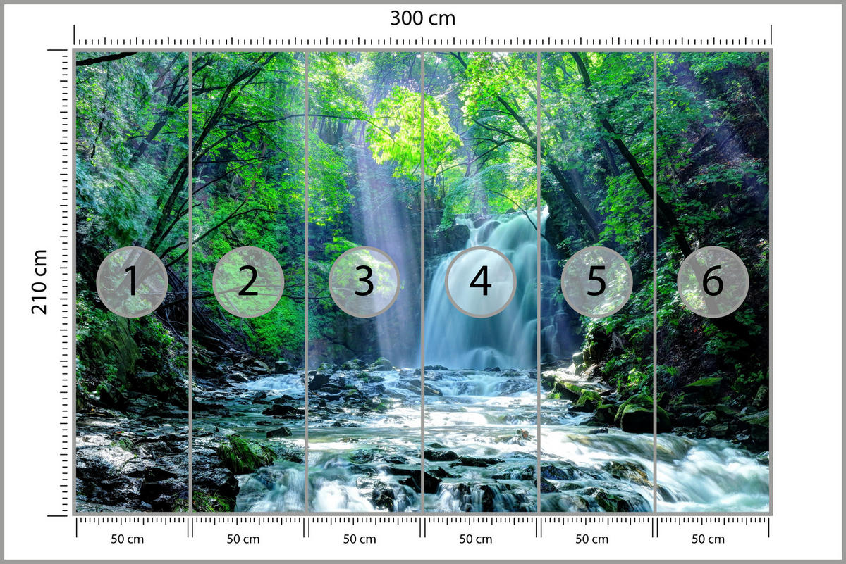 FOTOTAPETE für Schlafzimmer Wasserfall Wald Felsen Bäume Pflanzen 300x210 - Türkis/Blau, Papier (300/210cm) - Muralo
