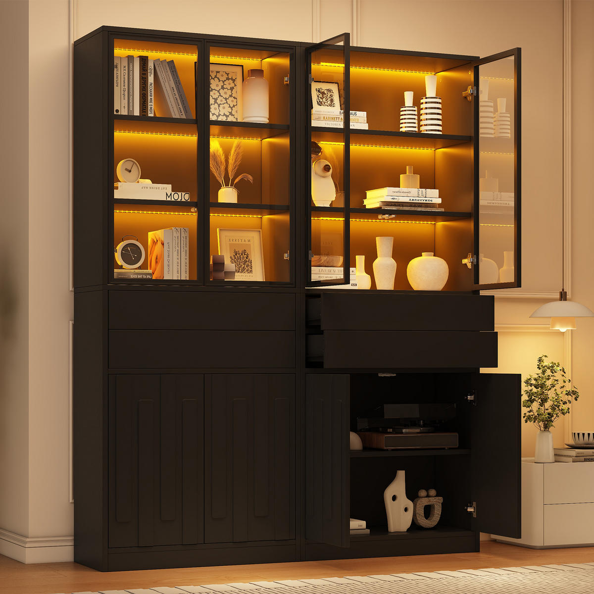VITRINE 2er-Set 140x34x180 cm Schwarz LED Glastüren - Schwarz, Holzwerkstoff (140/180/34cm) - FLIEKS