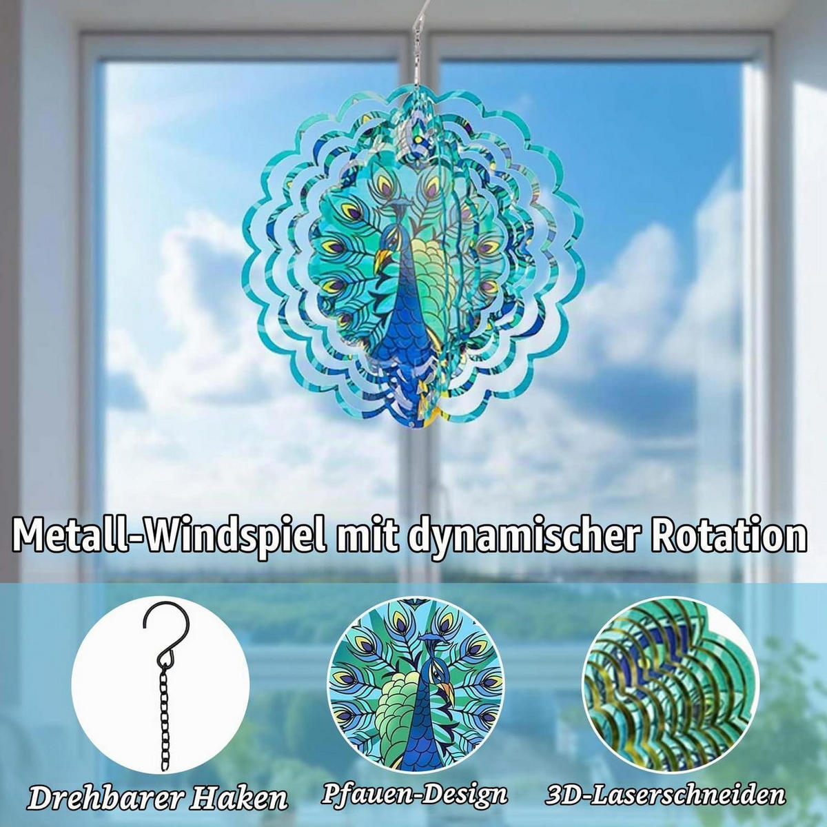WINDSPIEL Pfau 30 cm Edelstahl 3D-Effekt - Multicolor, Metall (30/30/1cm)