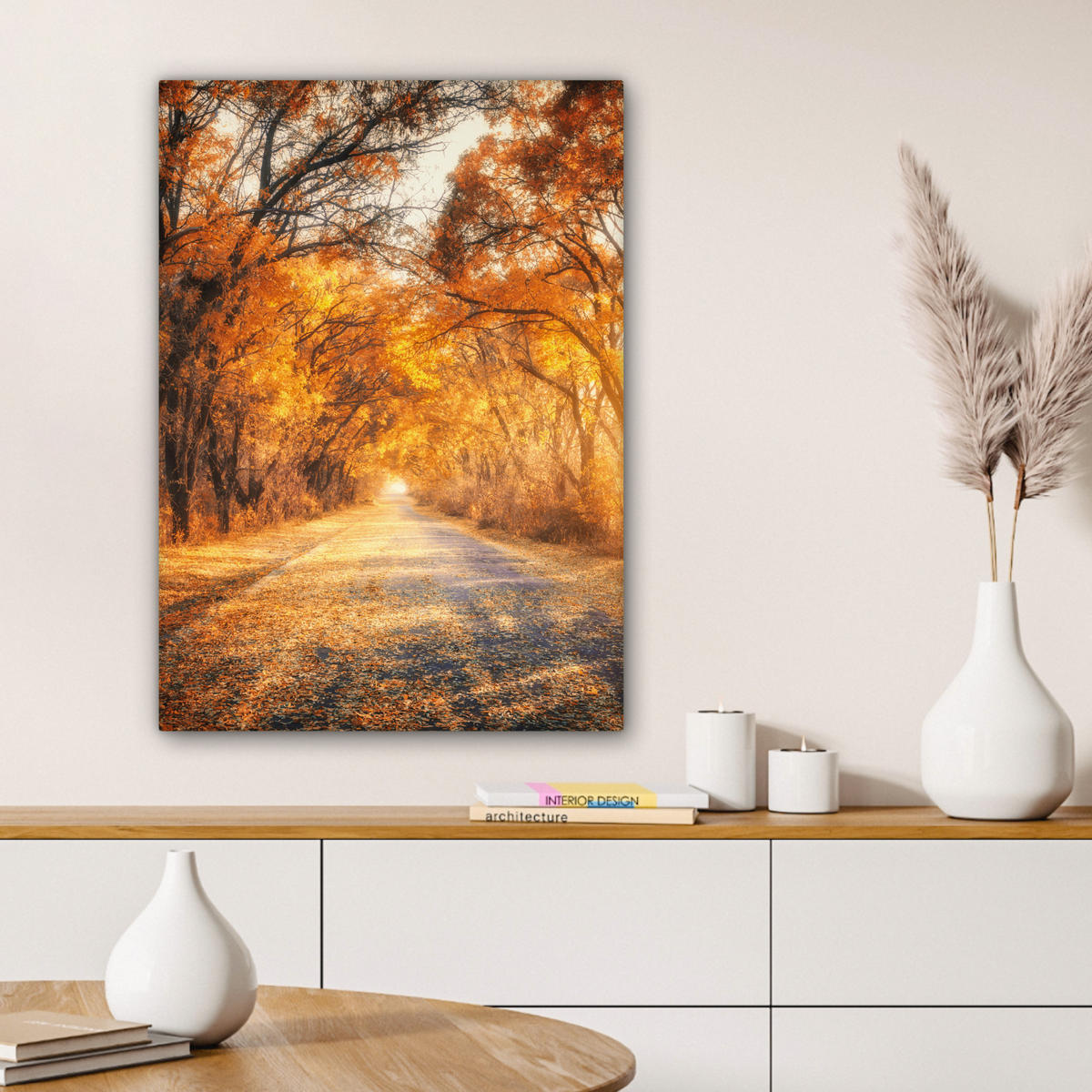 LEINWANDBILD Wald - Herbst - Bäume - Waldweg - Natur 60x80 cm - Bernsteinfarben, Textil (60/80cm) - MuchoWow