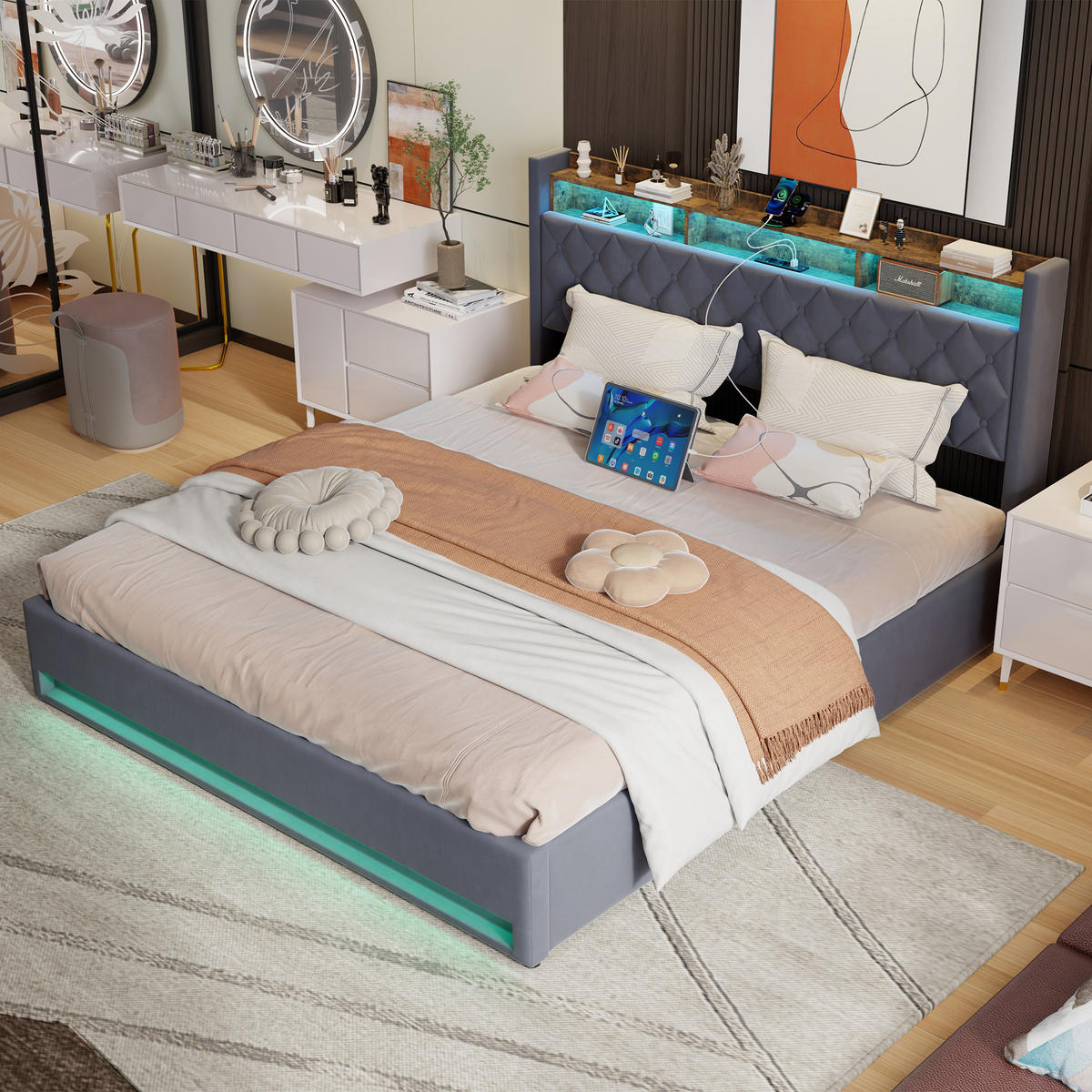 POLSTERBETT 180/200 cm Beige mit LED-Lichtleiste und USB-Anschlüssen - Beige, Holzwerkstoff (180/200cm) - OKWISH