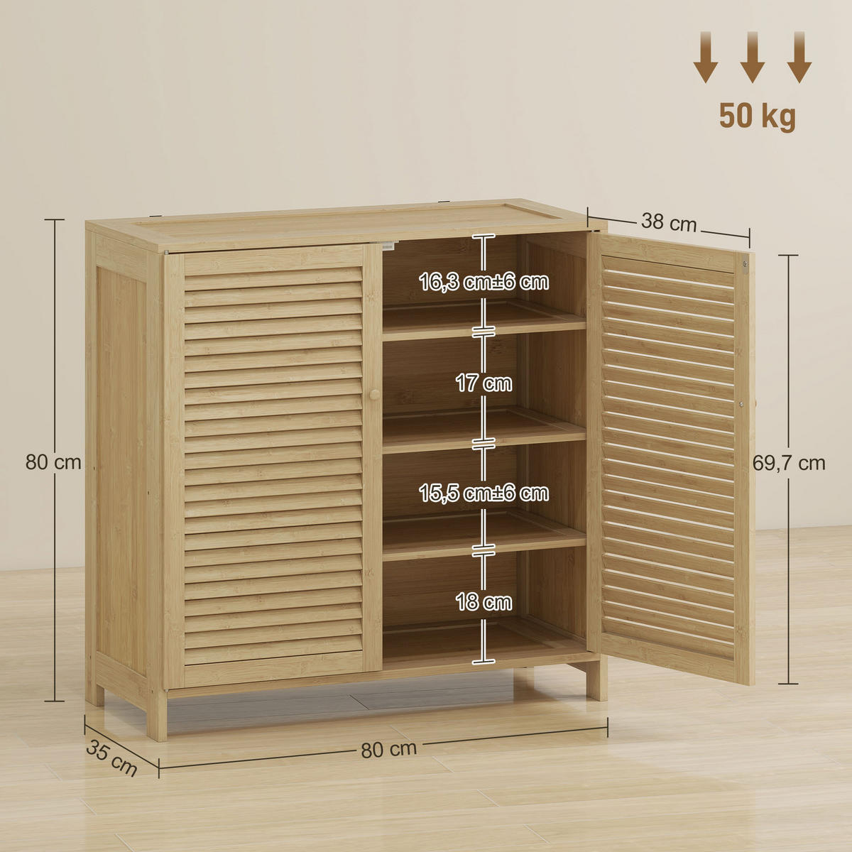 SCHUHSCHRANK,BAMBUS Lamellentüren für 14 Paar,natur - Beige, Holzwerkstoff (80/80/35cm) - Vallsero