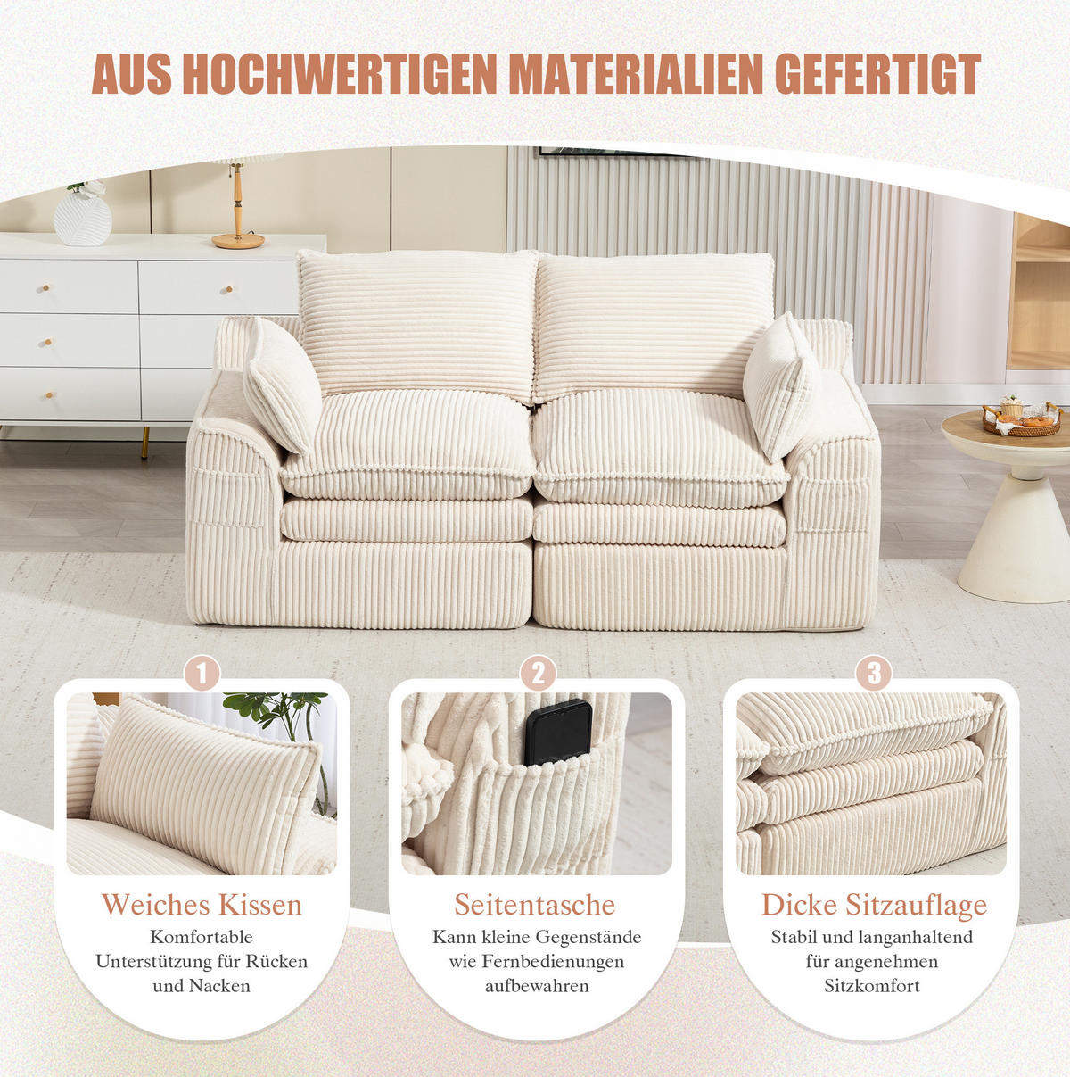 2-SITZER Sofa 191/94/85 cm Beige aus Cord mit Seitentaschen und Federkern - Beige, Textil (94/85/191cm) - Modenvie