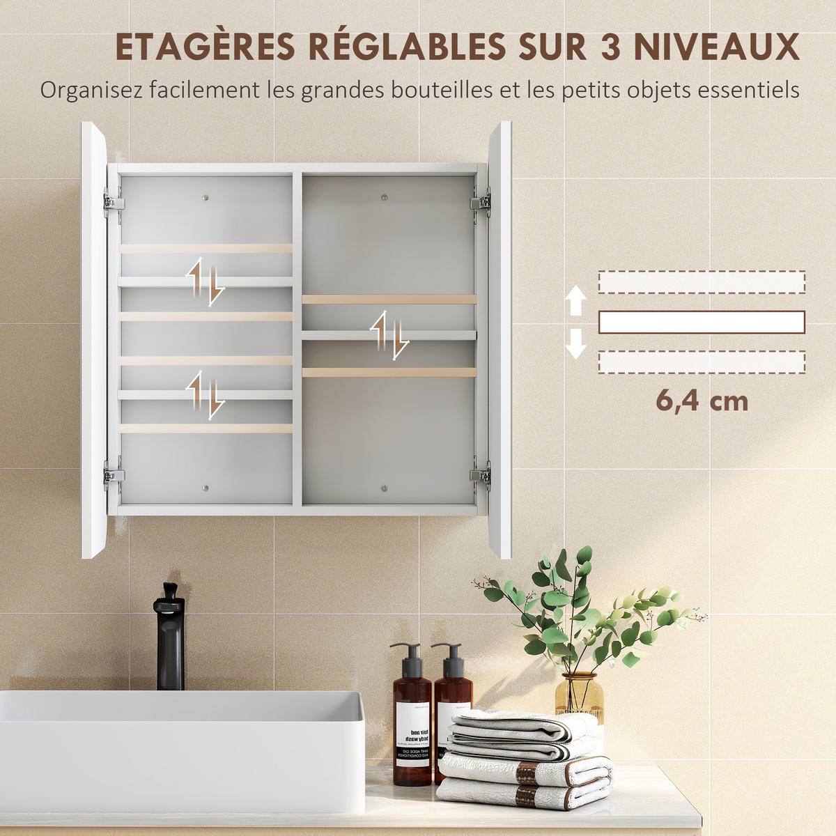 SPIEGELSCHRANK DE-15187 gewölbte Form mit verstellbarem Einlegeboden Weiß - Weiß, Holzwerkstoff (68/66/13cm) - ComfortXL