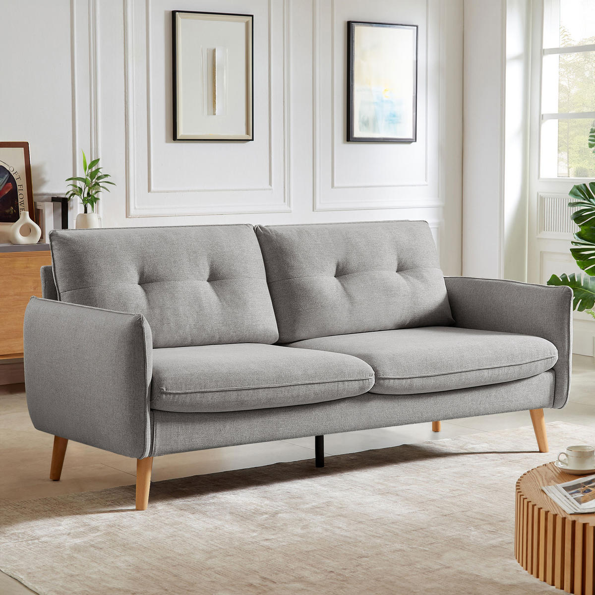 3-SITZER-SOFA Chloé Skandinavisches aus hellgrauem Stoff - Hellgrau/Akaziefarben, Holz/Holzwerkstoff (210/92/82cm) - Sicaan