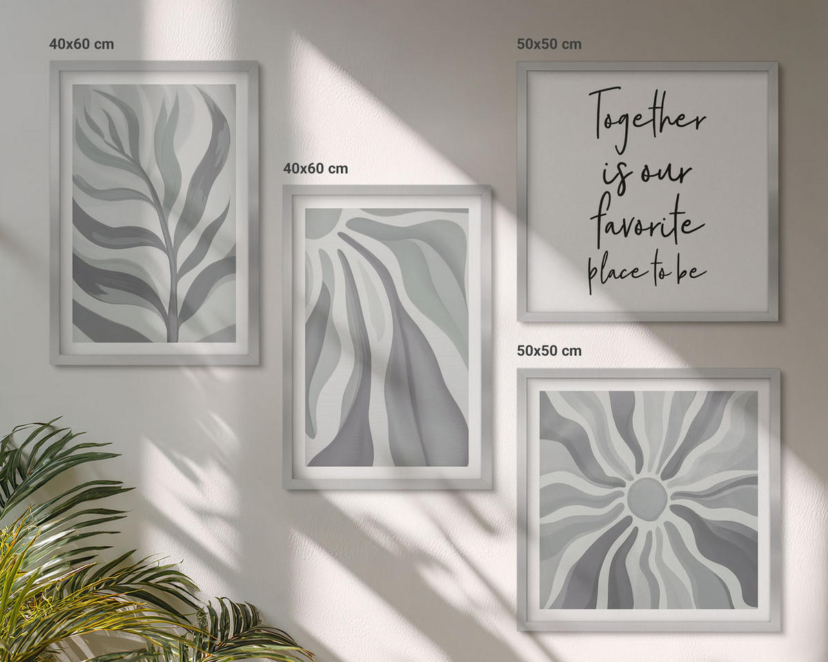 WANDBILDER 4er Set - 50x50 cm & 40x60 cm Silberner Rahmen - Illustrationen mit floralen Pastellmustern - Silberfarben, Kunststoff (50/50cm) - ArtPrintCave