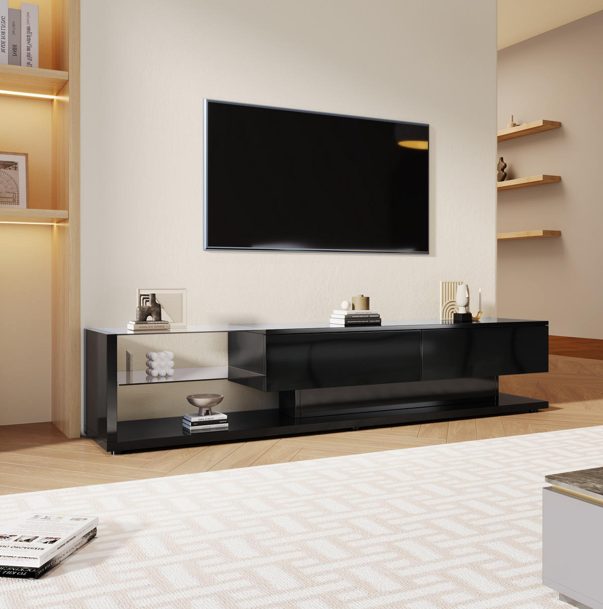 TV-SCHRANK in Schwarz Hochglanz mit 2 Schubladen und LED 170/38/36 cm - Schwarz, Holzwerkstoff (170/38/36cm) - Redom