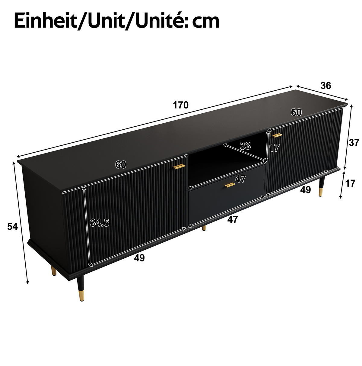 TV-SCHRANK mit Stauraum 170 x 36 x 54 cm MDF Black - Schwarz, Holzwerkstoff (36/54/170cm) - Beauniv