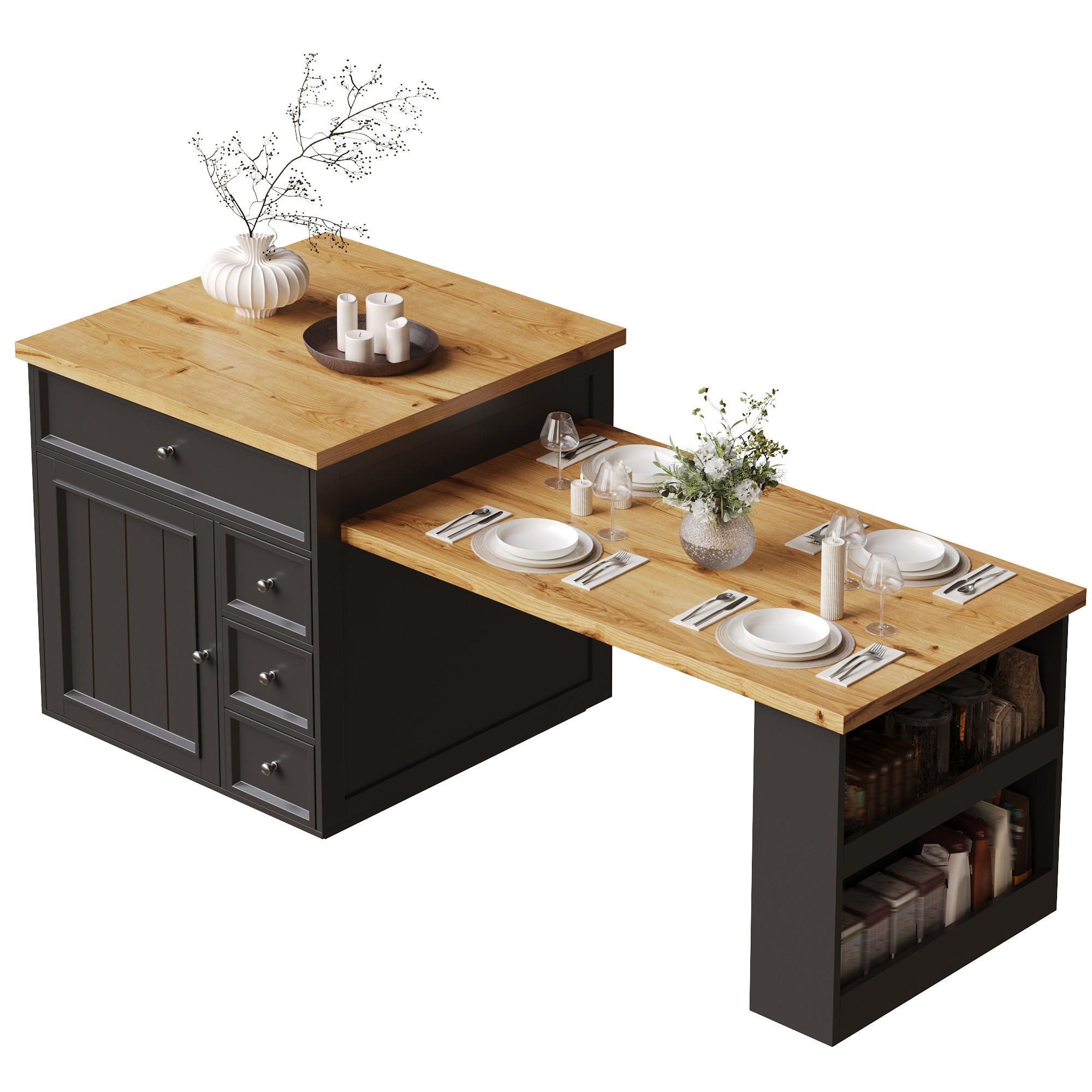 KÜCHENINSEL Ausziehbar mit Schubladen fahrbar mit Rollen für Küche und Essbereich Schwarz MDF 120 bis 184 cm - Schwarz, Holzwerkstoff/Metall (184/94/70cm) - EVRYAE