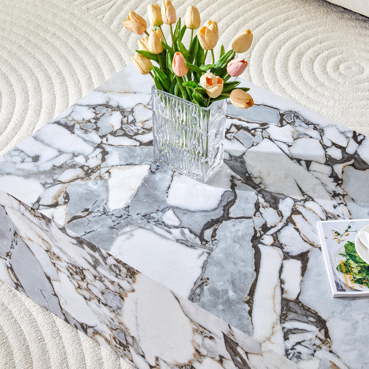 COUCHTISCH 90/50/30 cm weiß aus MDF mit Marmoroptik ohne Montage - Weiß, Holzwerkstoff (90/50/30cm) - OKWISH