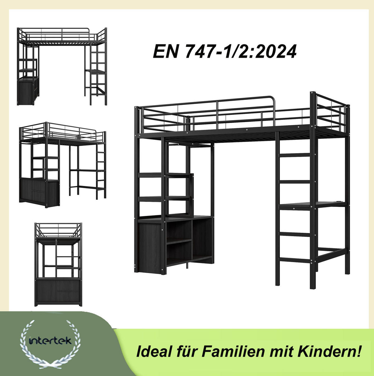 HOCHBETT 90/200 cm aus Metall mit Schreibtisch, Steckdose, USB, Regalen und offenem Schrank, Schwarz - Schwarz, Metall (90/200cm) - Redom