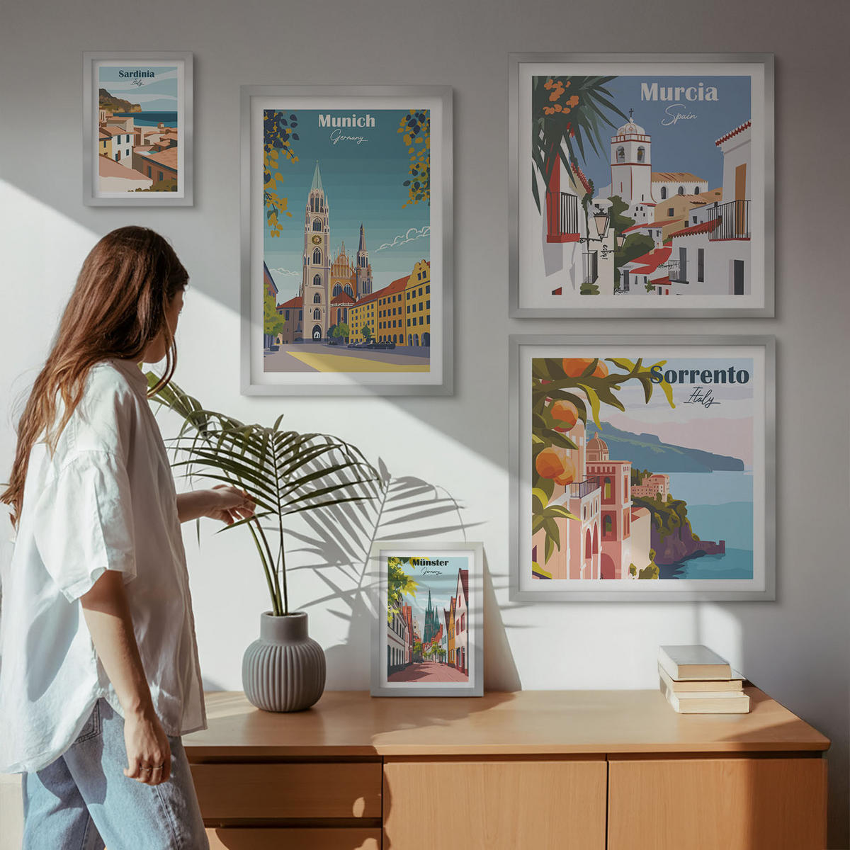 WANDBILDER 5er Set - 50x50 cm & 20x30 cm & 40x60 cm Silberner Rahmen - Retro-Stadtillustrationen - Silberfarben, Kunststoff (40/60cm) - ArtPrintCave