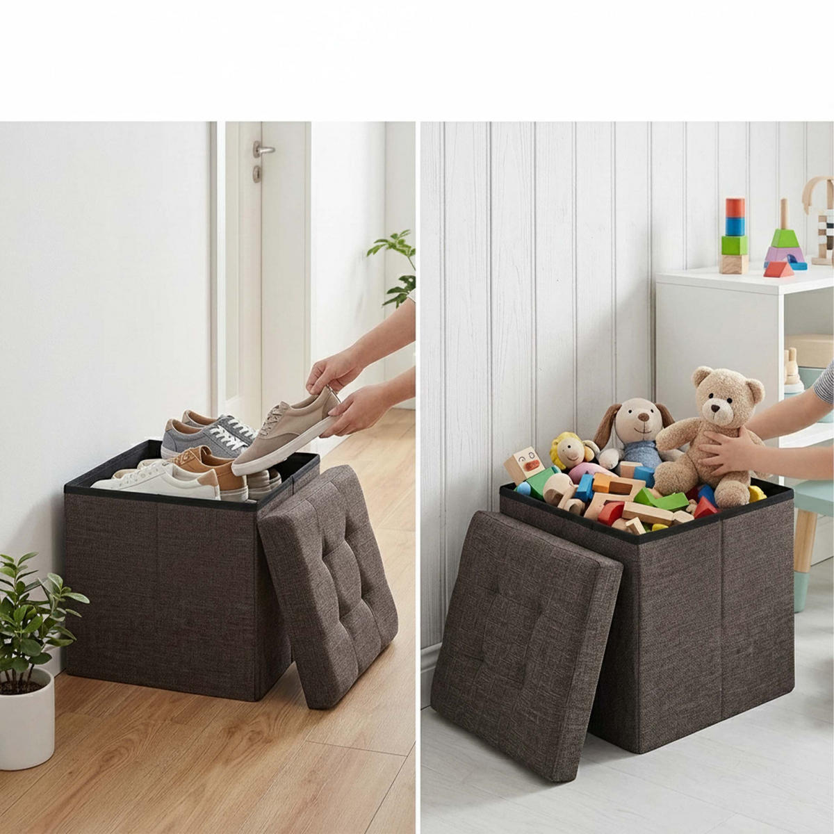 SITZHOCKER Braun Leinen faltbar Stauraum - Braun, Holzwerkstoff/Textil (38/38/38cm) - Relaxdays