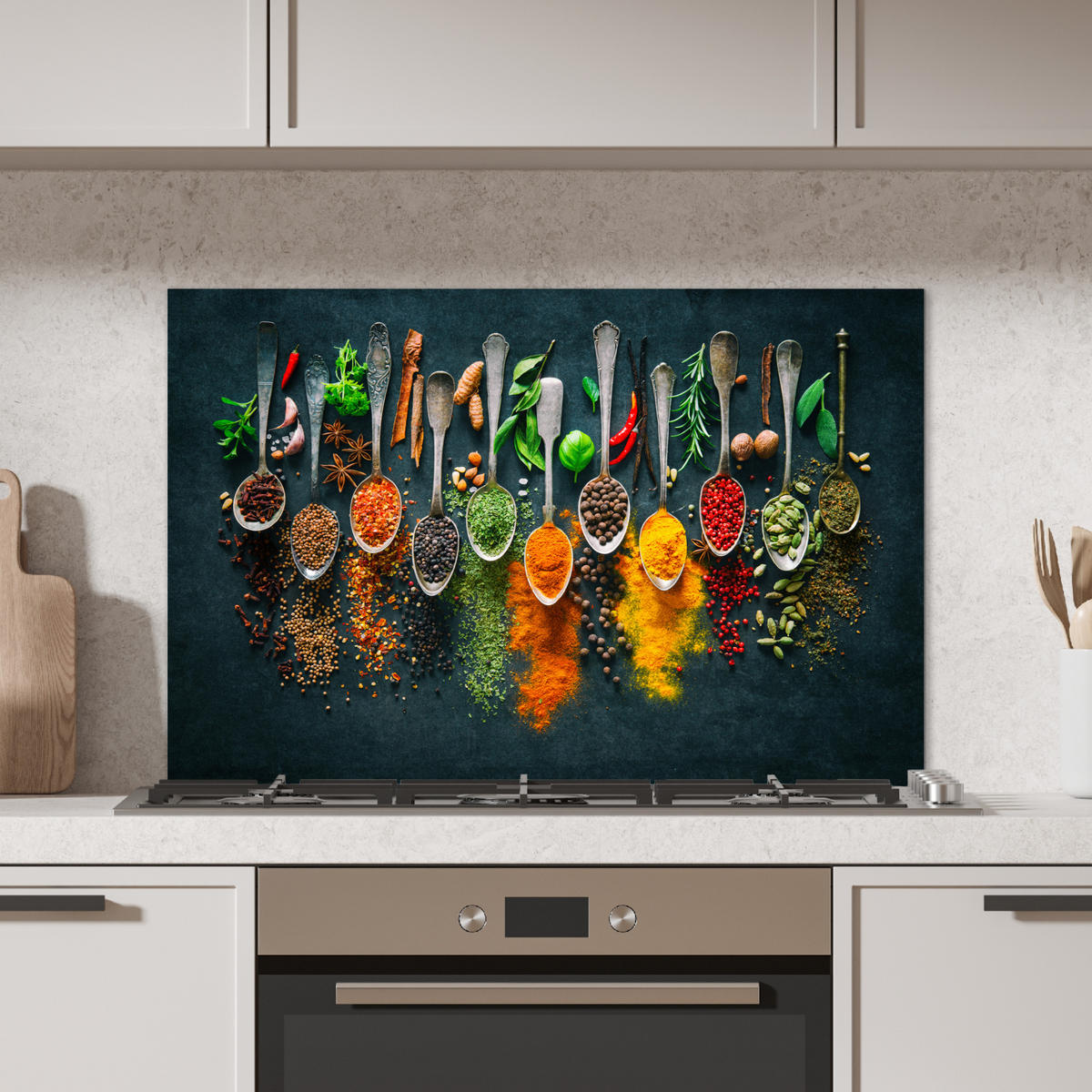 SPRITZSCHUTZ KÜCHE Kräuter - Gewürze - Löffel 90x60 cm - Multicolor, Metall (90/0.3/60cm) - MuchoWow