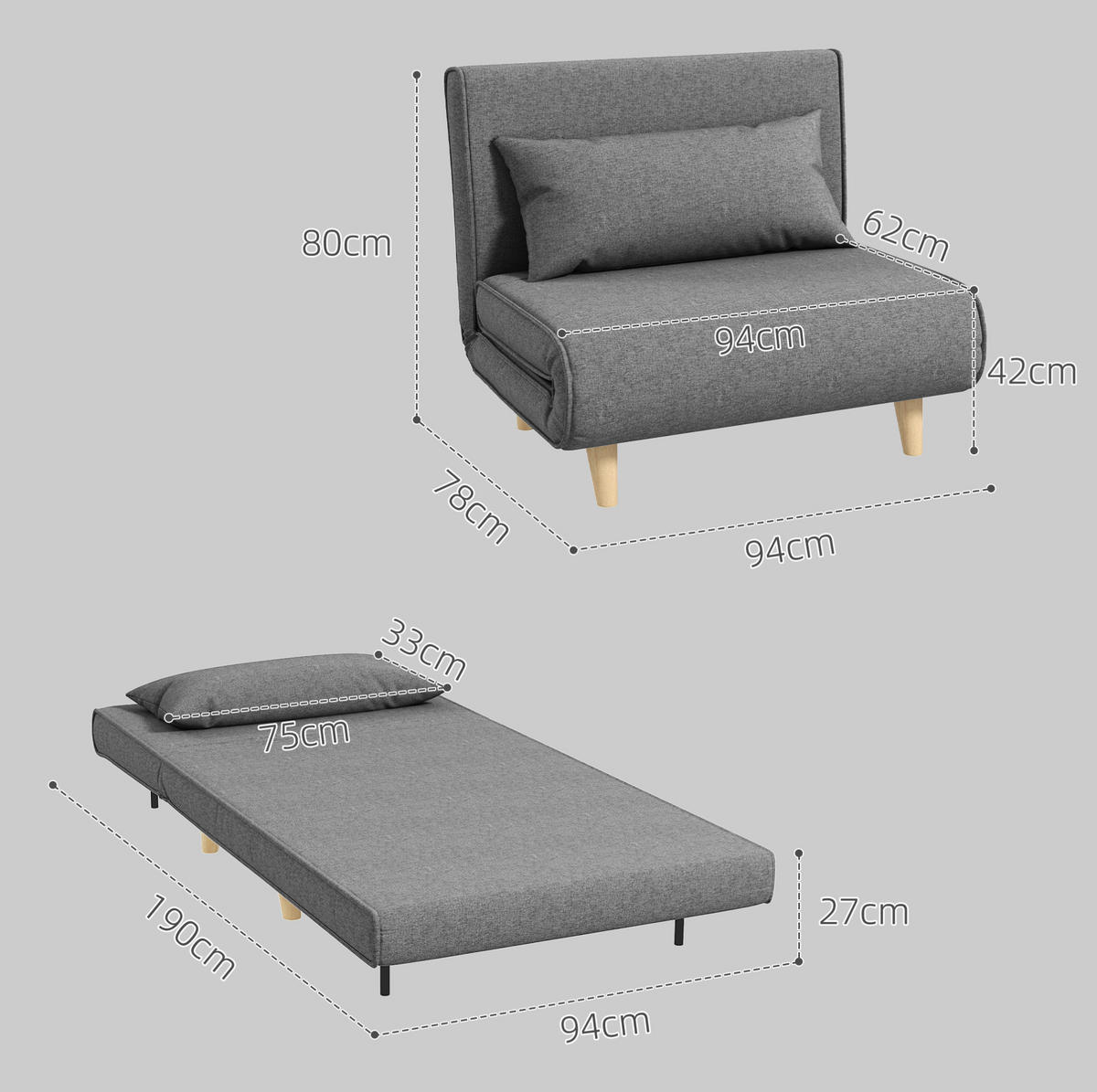 SCHLAFSOFA 2-in-1 verstellbar 94 x 78 x 80 cm Grau - Grau, Metall (78/80/94cm) - Meubliv
