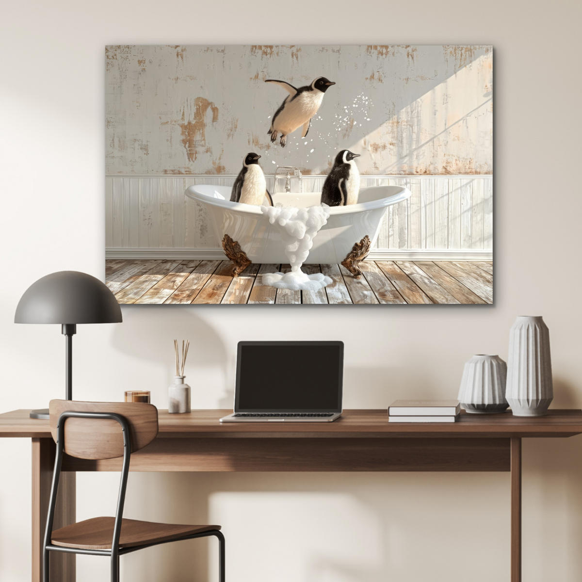 METALLBILD Vintage - Pinguin - Badewanne - Schaumstoff 120x80 cm - Schwarz, Metall (120/80cm) - MuchoWow