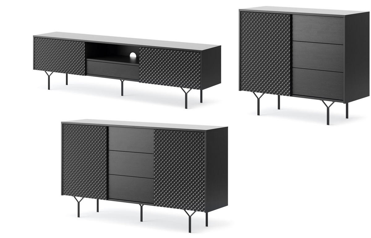 WOHNZIMMER-SET Raven schwarz 3-teilig - Schwarz, Holz/Holzwerkstoff (421/83/38cm) - Feldmann-Wohnen