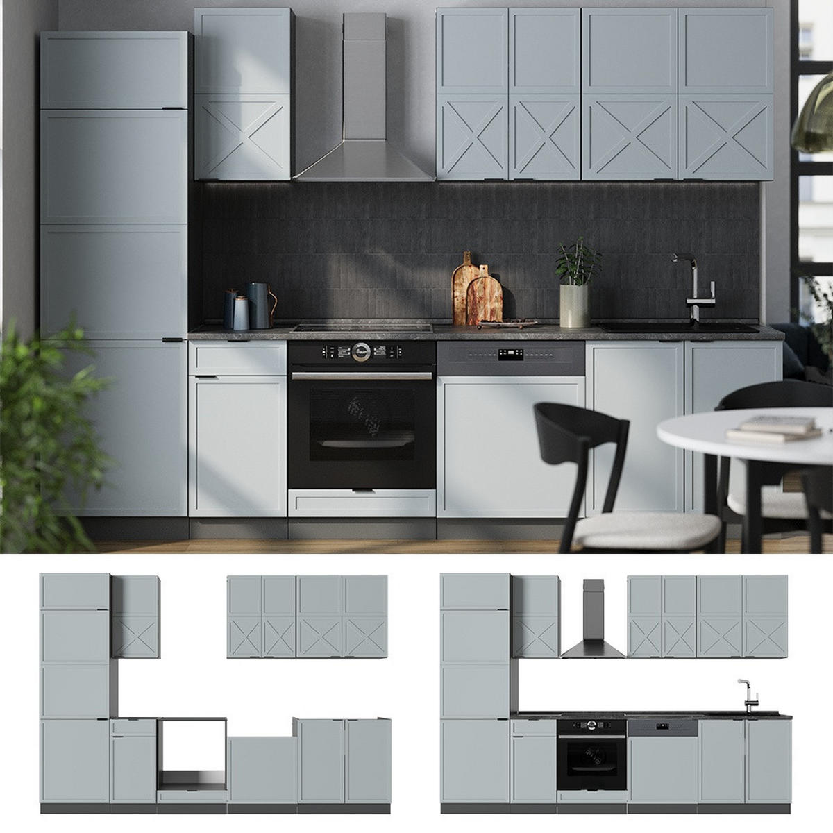 KUHINJSKI BLOK Fame-Line, Svijetloplavo-Siva/Antracit, 300 cm bez radne ploče - svijetlo plava/antracit, drvni materijal (300/206.8/46cm) - Vicco