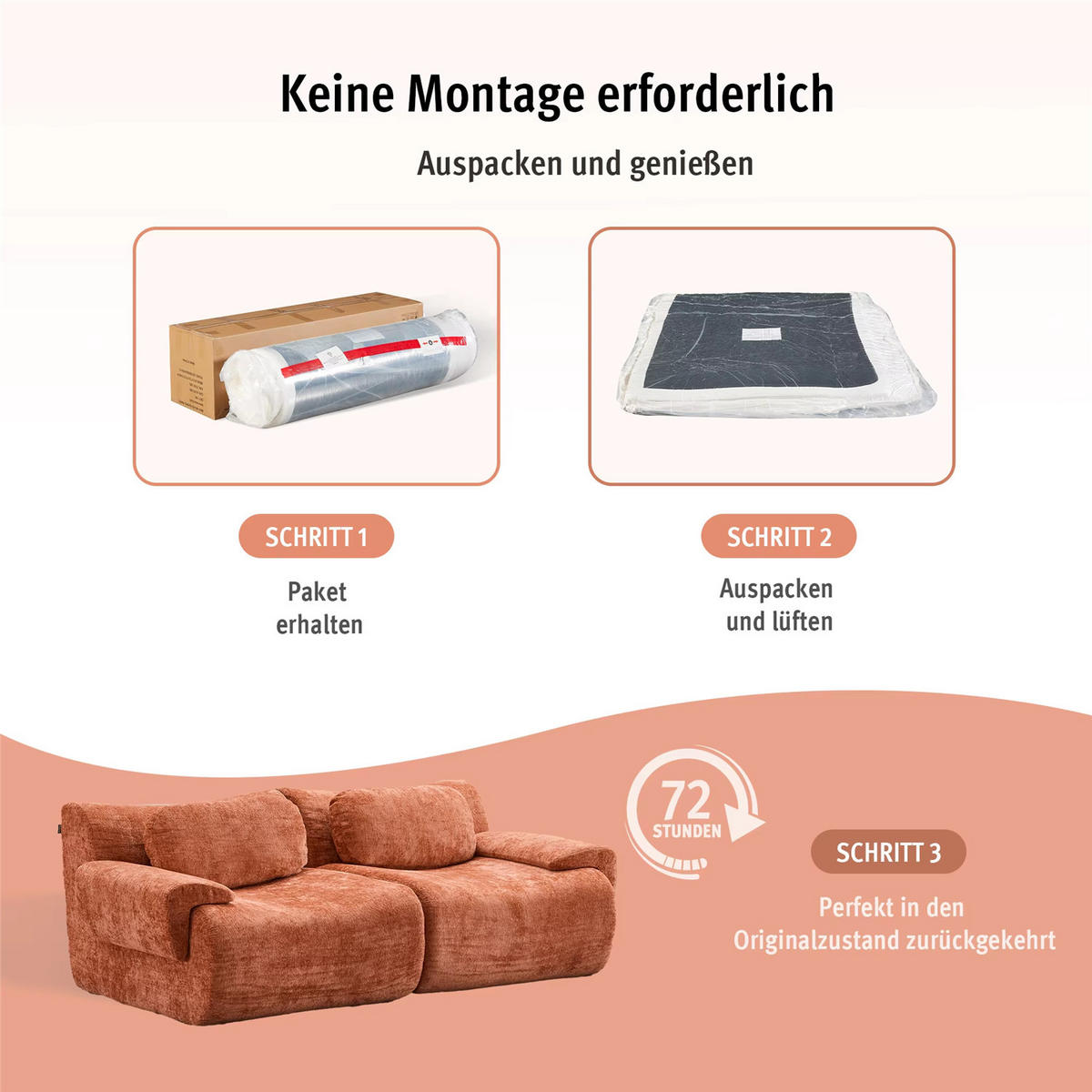 2-SITZER-SOFA Chenille Cloud Design, 184 cm Komfort Sofa ohne Montage - Orange, Textil (184/69/101cm) - Kaket
