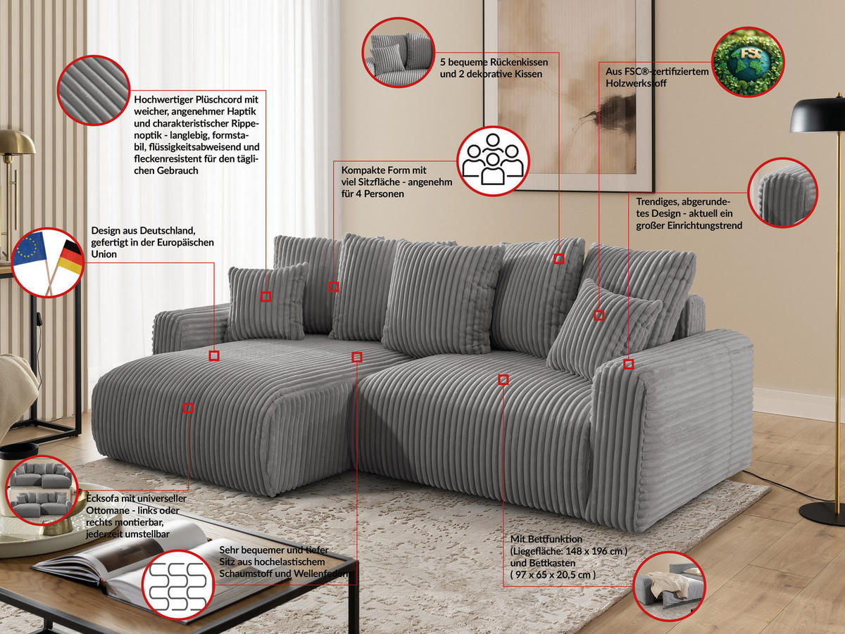 ECKSOFA Calma mit Schlaffunktion und Bettkasten im Bumpy-Design aus weichem Grau Plüschcord - Ottomane links - Schwarz/Grau, Holz/Kunststoff (239/140cm) - S-Style