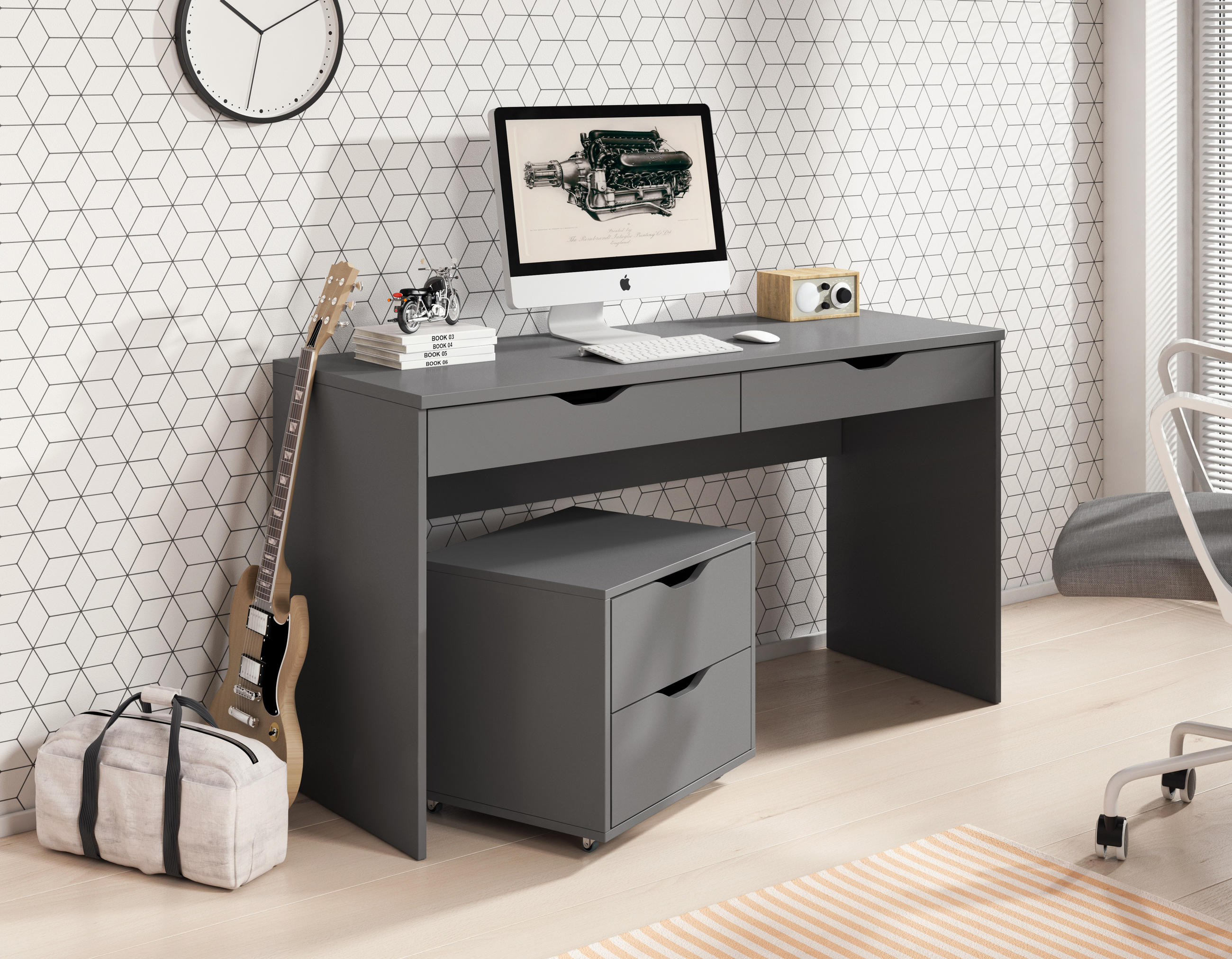 SCHREIBTISCH Beta Graphit, mit Schubladen - Graphitfarben, Holzwerkstoff (50/138/76cm) - Bettso