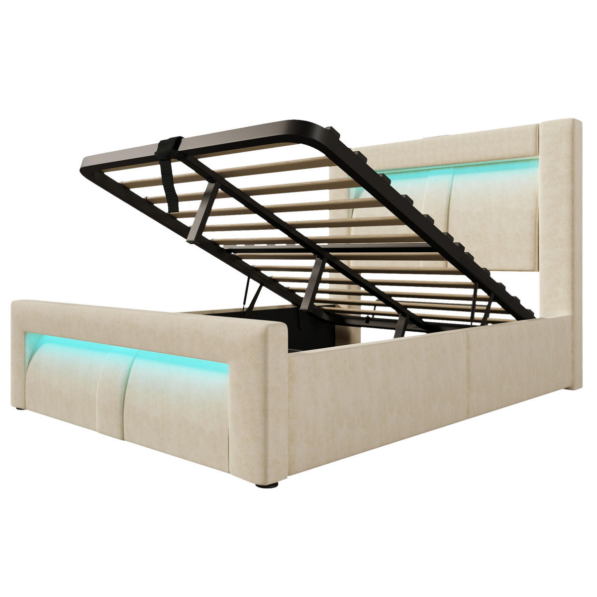 POLSTERBETT 90/200 cm Beige aus Samt mit LED und Stauraum mit Matratze - Beige, Textil (90/200cm) - OKWISH