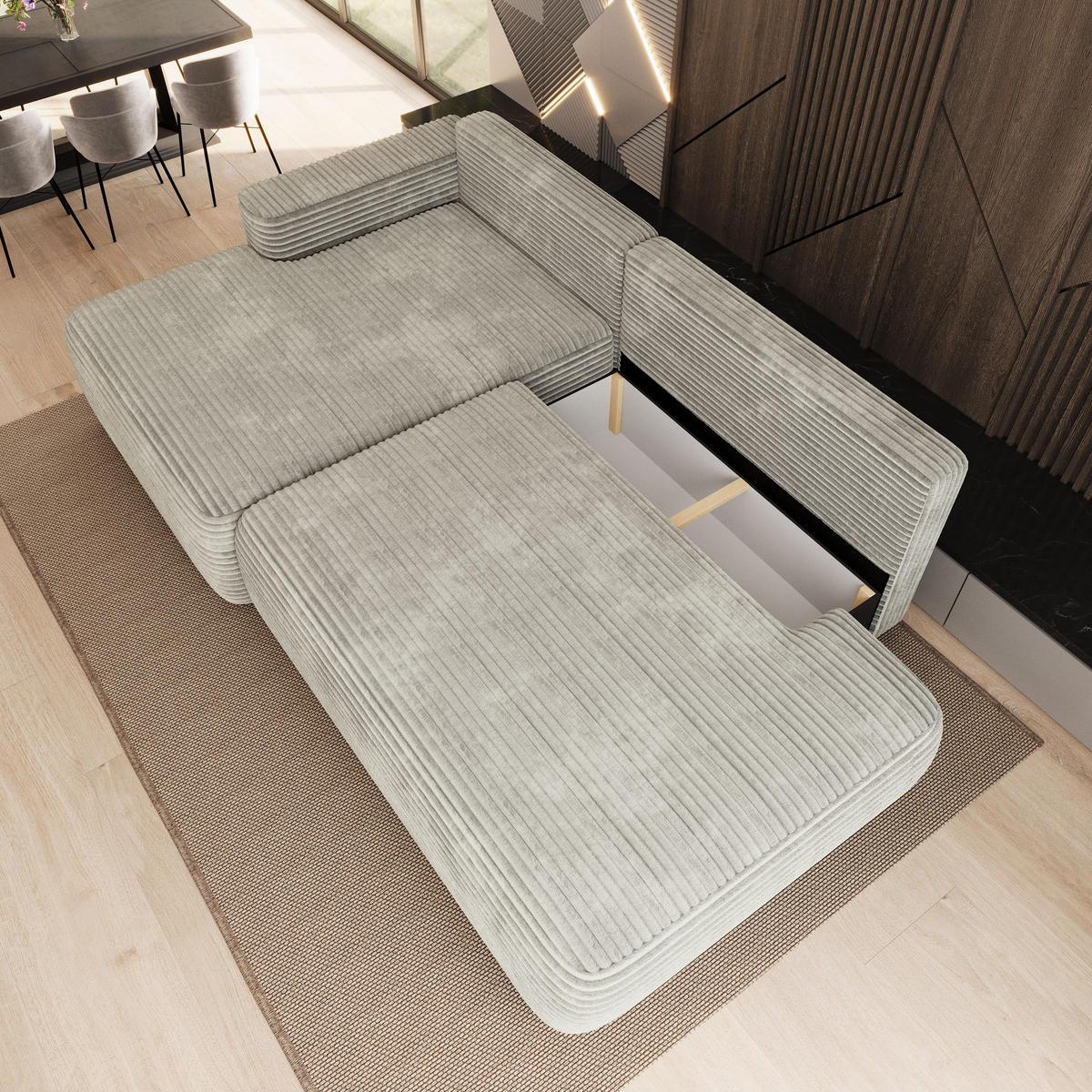 ECKSOFA AVINI T L-S Hellgrau Kordstoff mit Schlaffunktion - Hellgrau, Holzwerkstoff/Textil (277/160cm) - MASSENO