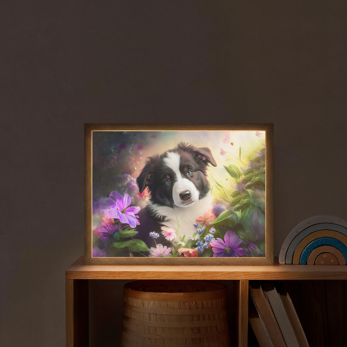 DOBÍJECÍ NOČNÍ LAMPIČKA Štěně - Slunce - Květiny - Příroda - Border kolie - Pes 40x30 cm - fialová, kompozitní dřevo (8/40/30cm) - OnlyWow