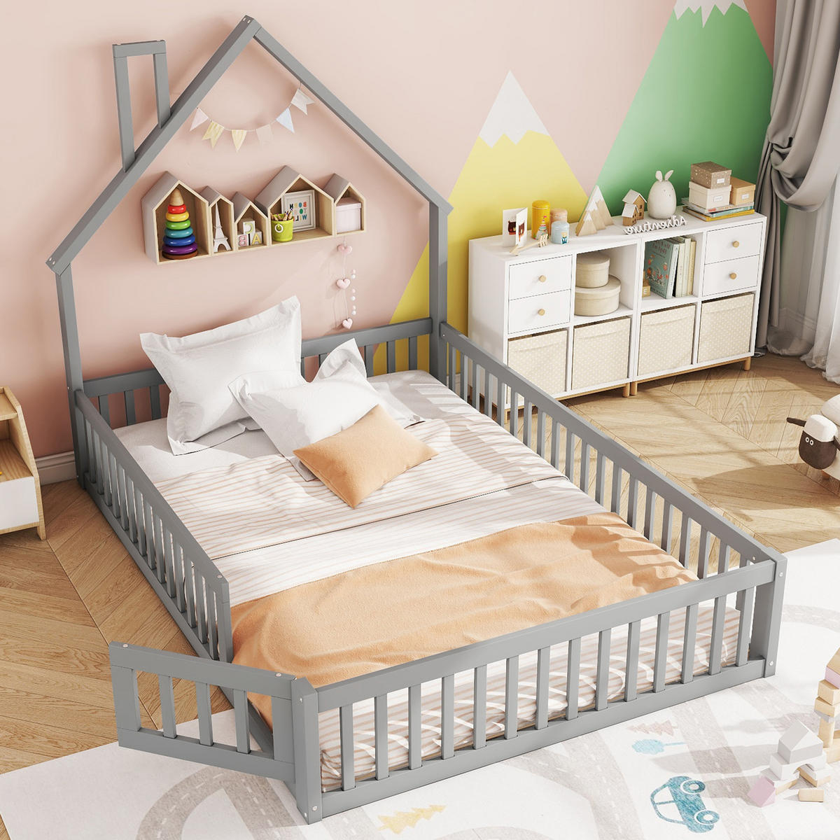 HAUSBETT 140x200cm Grau Kiefer Minimalistisch - Grau, Holz (140/200cm) - FLIEKS