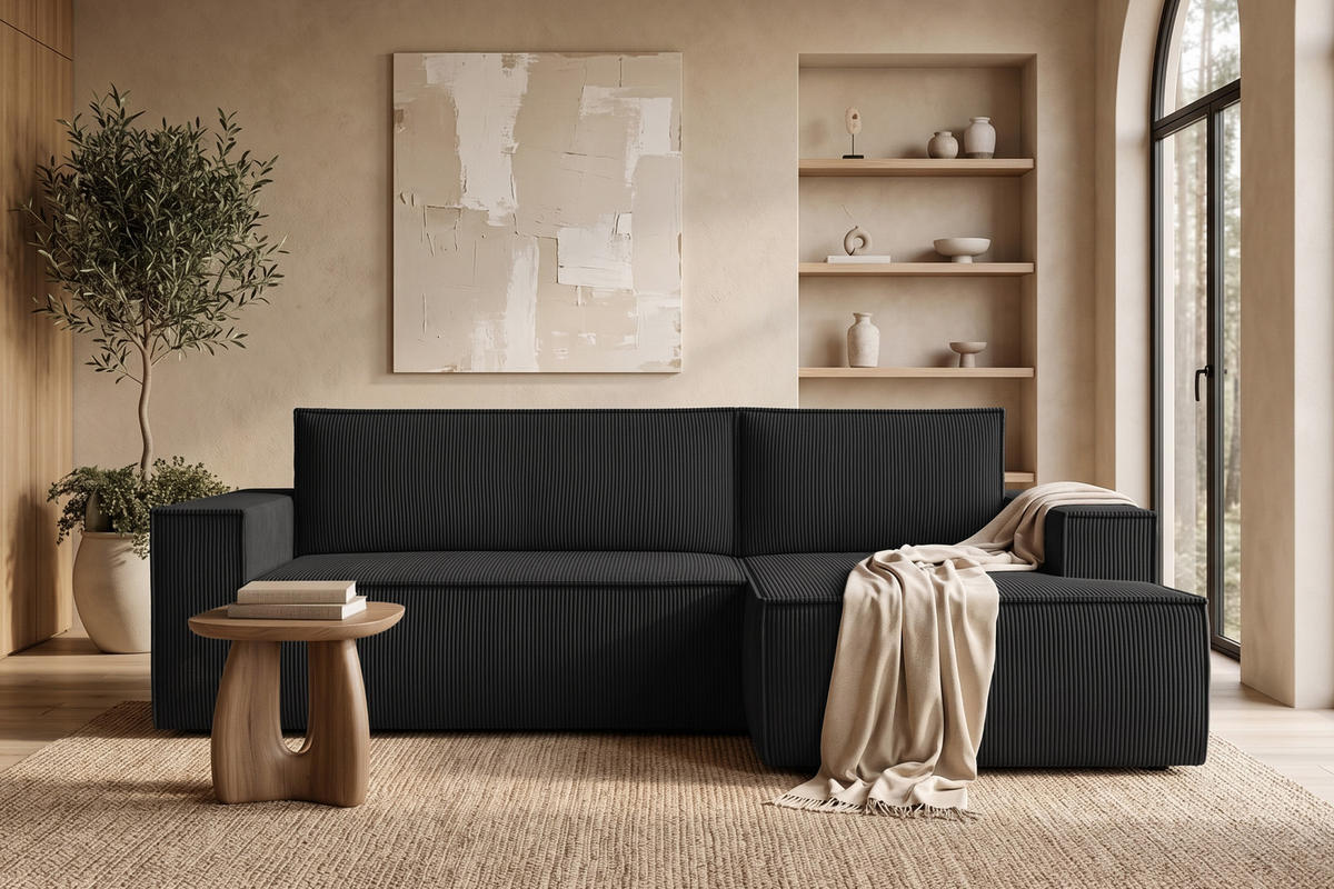 ECKSCHLAFSOFA-RECHTS NAPI in Pet Friendly Cord-Stoff, schwarz - Schwarz, Textil (262/148cm) - KONSIMO®