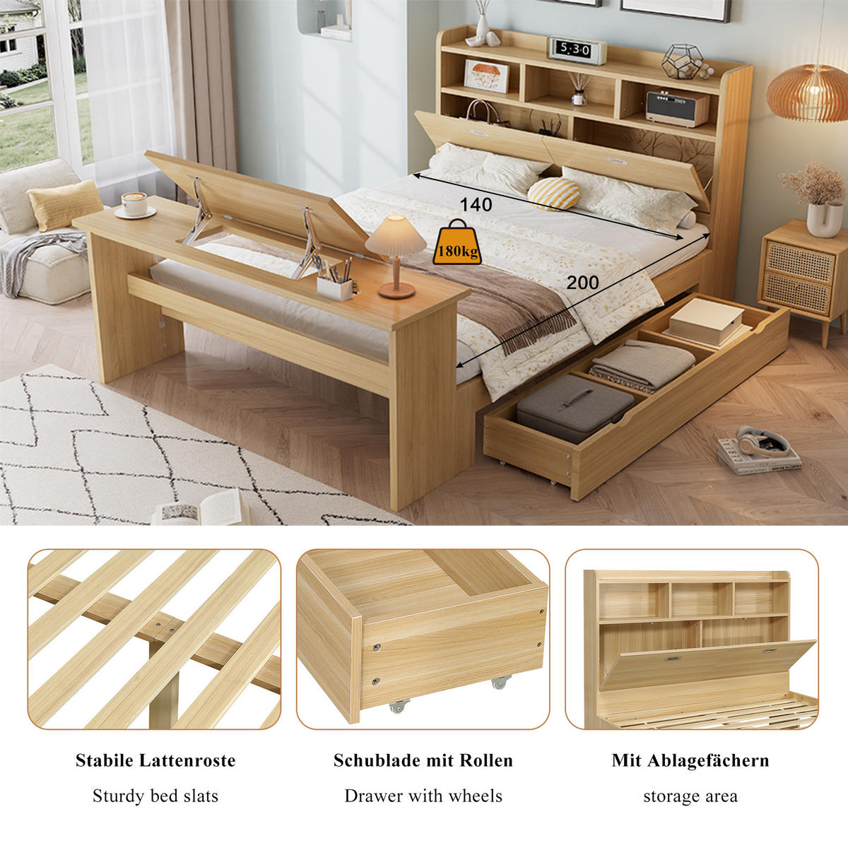 JUGENDBETT 140/200 cm in Naturfarben mit Stauraum, Kopfteilregal und Klapptisch aus Holz - Naturfarben, Holzwerkstoff - STILVORA