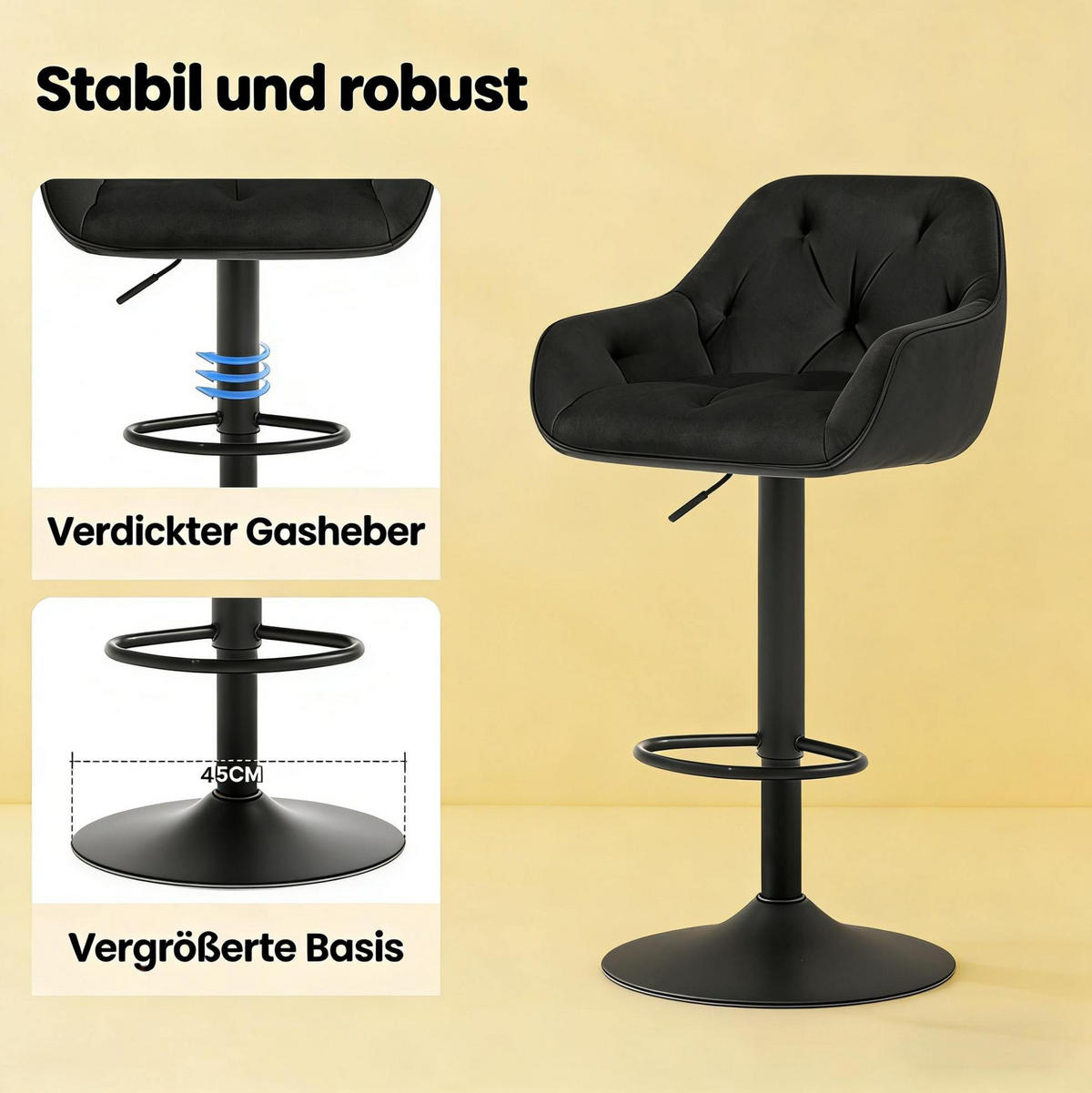 BARHOCKER 2er-Set höhenverstellbar drehbar Samt Schwarz - Schwarz, Metall (37/108.5/37.5cm) - Meubliv
