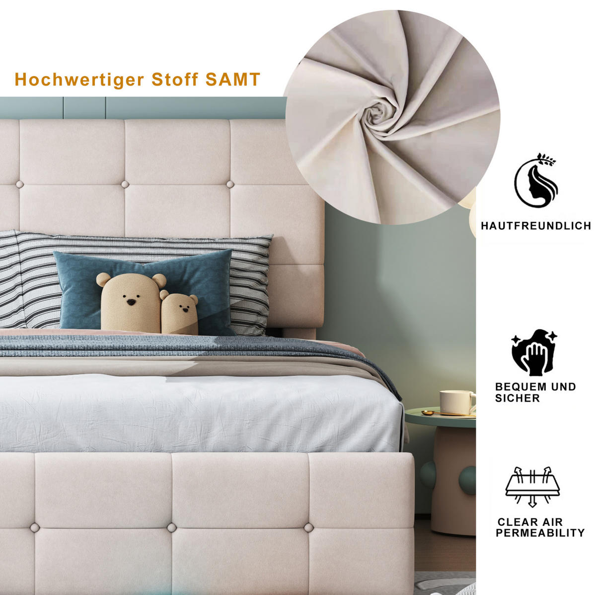 POLSTERBETT 180/200 cm Beige aus Samt mit hydraulischem Stauraum - Beige, Textil (180/200cm) - OKMYHOME