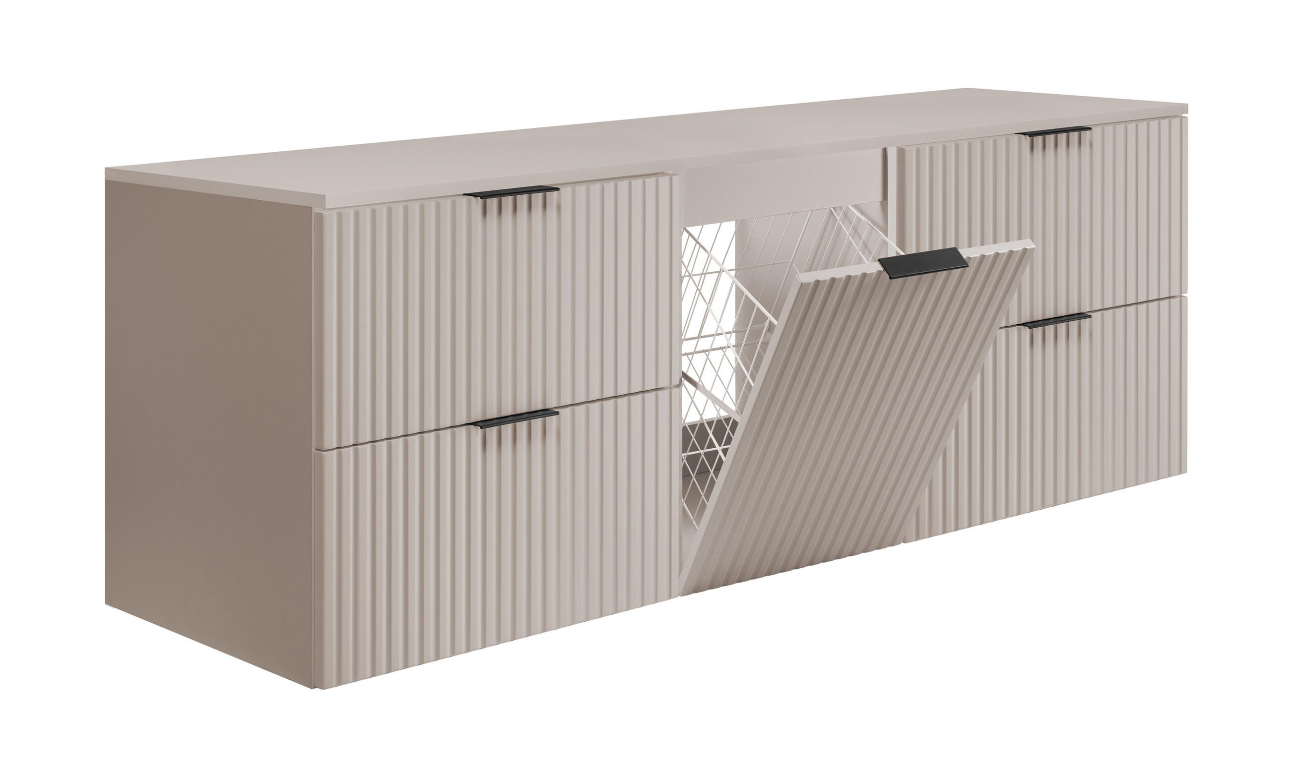 BADMÖBEL-SET MIT WÄSCHEKORB: Kaschmir, Griffe Schwarz, 160 x 46 x 57 cm - Kaschmir/Schwarz, Holzwerkstoff (160/57/46cm) - 3XE LIVING