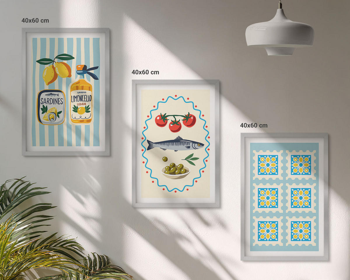 BILDER SET 3er Set - 40x60 cm Silberner Rahmen - Illustrationen von Küchen im mediterranen Stil - Silberfarben, Kunststoff (40/60cm) - TULUP