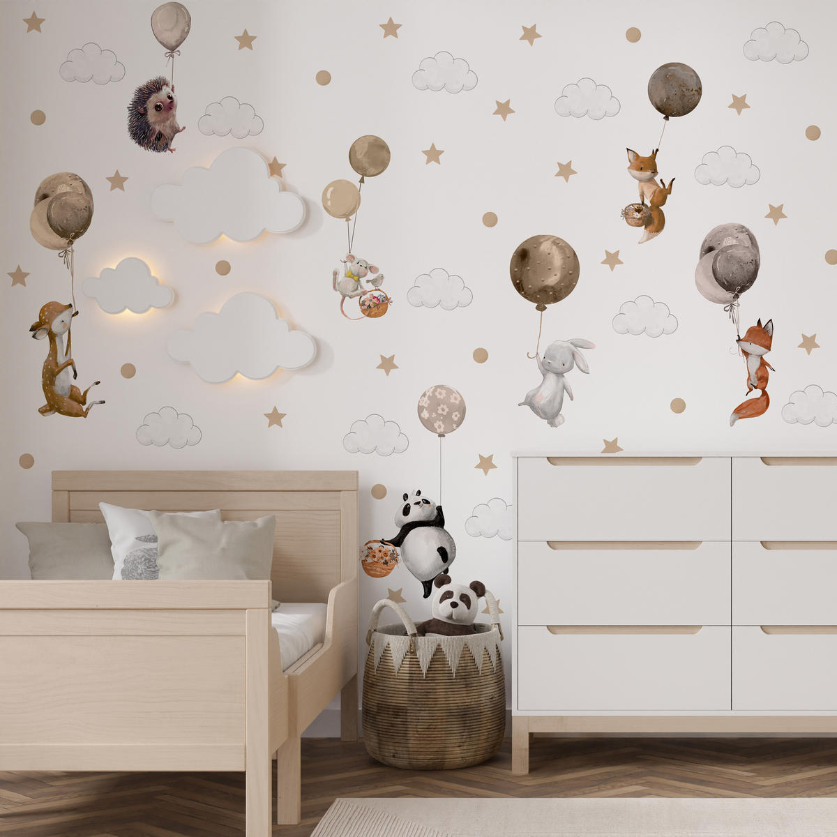 AUFKLEBER SET Tiere Ballons Wolken Sterne Punkte 120x60 - Beige/Schwarz, Papier (120/60/1cm) - Muralo