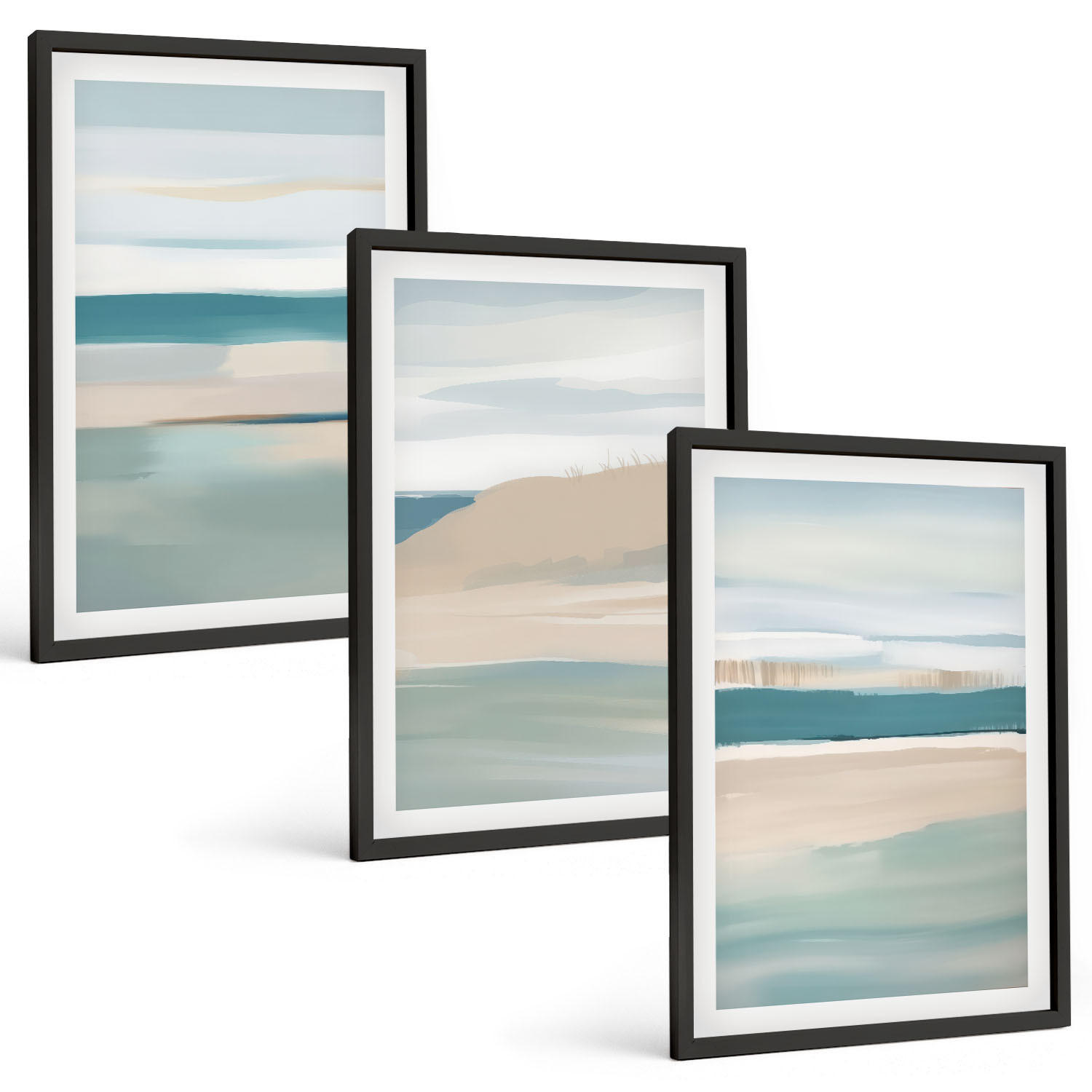 BILDER SET 3er Set - 40x60 cm Schwarzer Rahmen - Abstrakte blaue Landschaften - Schwarz, Kunststoff (40/60cm) - TULUP