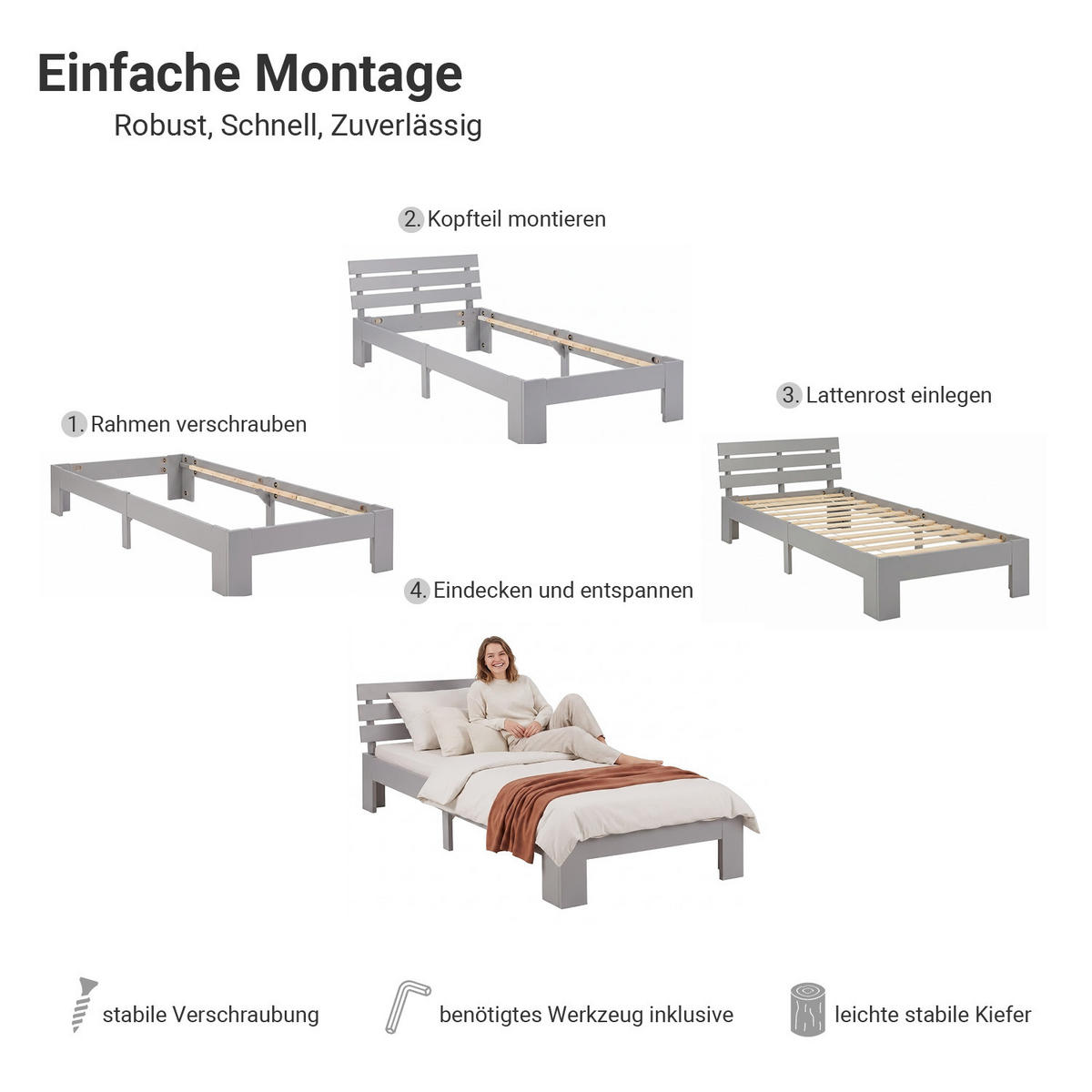 HOLZBETT Grau 90/200 cm Jugendbett mit Federkernmatratze - Grau, Holz (90/200cm) - Homestyle4u