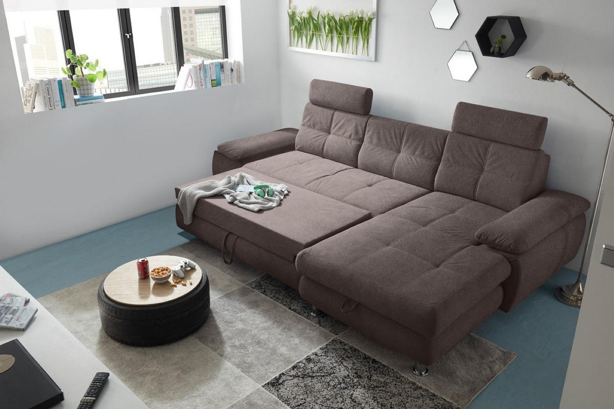 ECKSOFA mit Schlaffunktion und Bettkasten, Brego-Stoff - Chromfarben/Braun, Textil/Metall (177/274cm) - ed exciting design