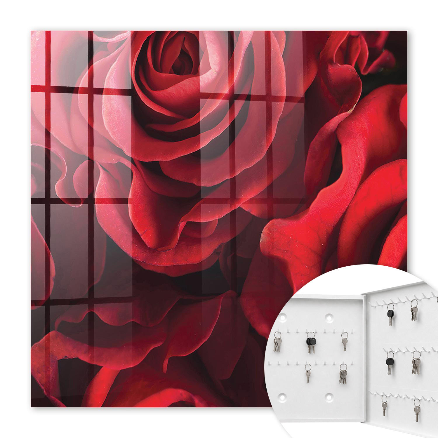 SCHLÜSSELBOX Weiß 30x30 cm – Türöffnung nach rechts - Rote Rosen - Rot, Metall (30/30/5cm) - TULUP
