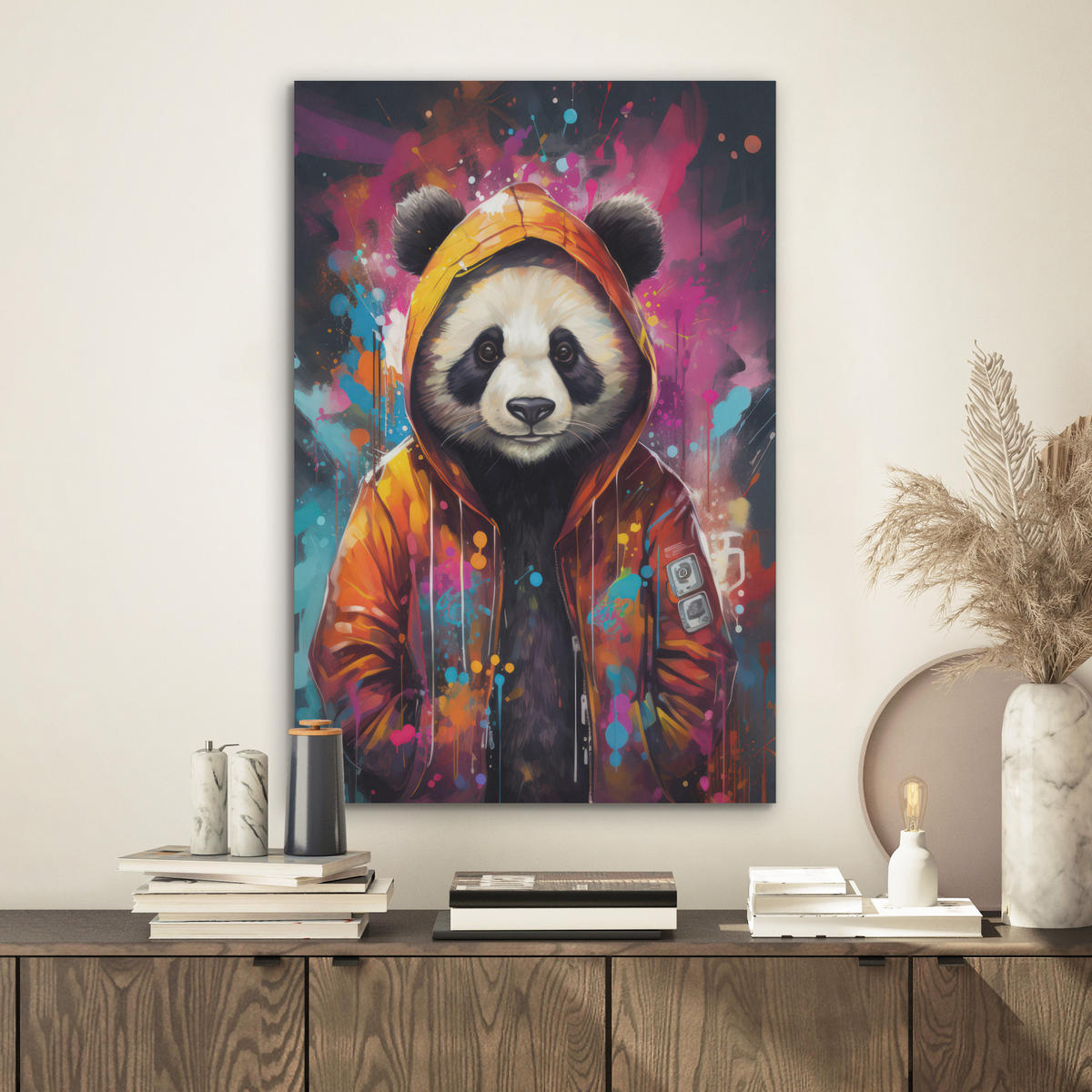 AKUSTIKBILD Panda - Jacke - Graffiti - Orange Kunstdruck Schlafzimmer 50x70 cm - Orange, Kunststoff (50/70/0.9cm) - MuchoWow