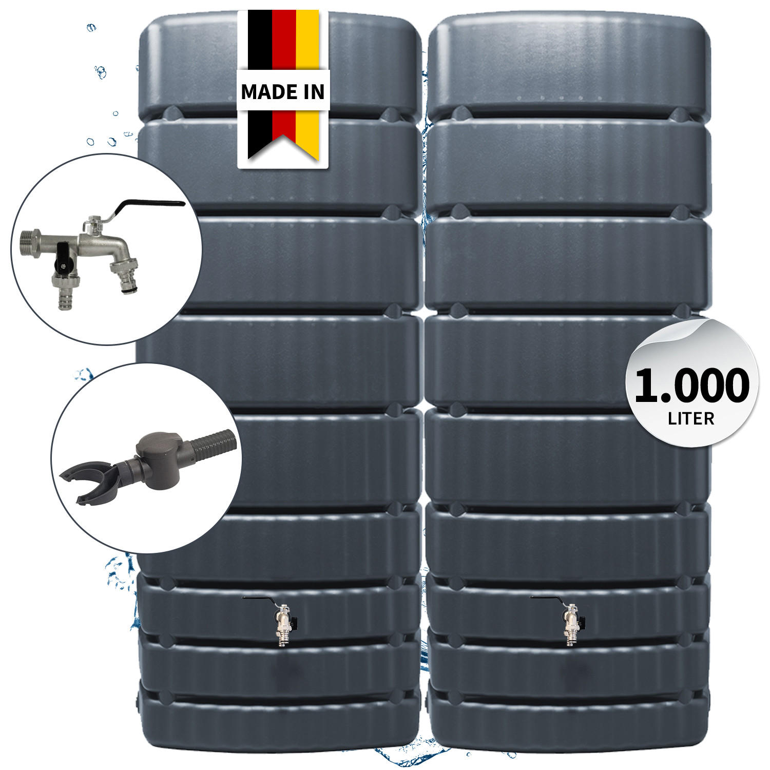 REGENTONNEN Wandtank-SET Komplett-Set 1000 L, graphite grey 2 x 500 L, inkl. Verbinder und Fallrohranschluss - Grau, Kunststoff (51/184/150cm) - 4rain