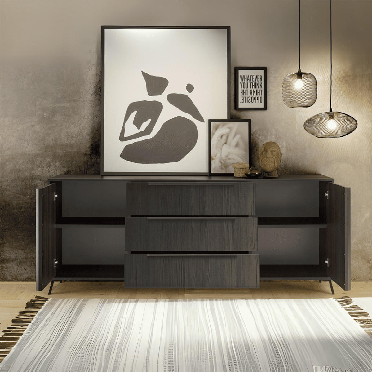 SIDEBOARD mit 2 Türen und 3 Schubladen L205 cm - City - Schwarz, Holzwerkstoff (40/84/205cm) - Calicosy