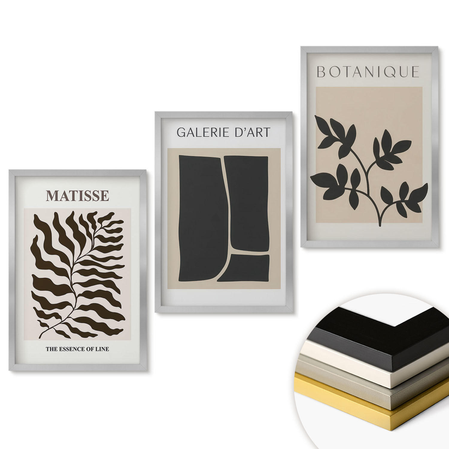 WANDBILDER 3er Set - 40x60 cm Silberner Rahmen - Minimalistische Pflanzenposter - Silberfarben, Kunststoff (40/60cm) - ArtPrintCave